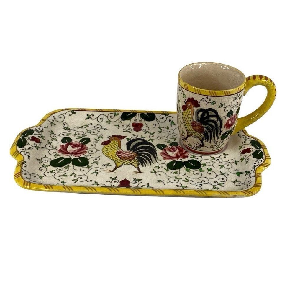 RARE Vintage Early Provincial Rooster and Roses Tray and Coffee Cup Set READ